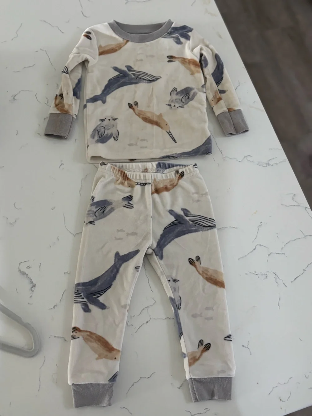 Carter's Cream Kids Pajama Set with Navy Whale & Tan Narwhal Prints